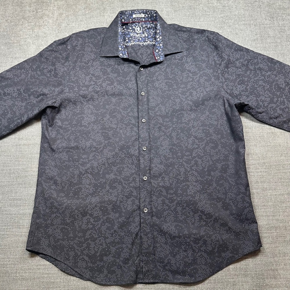 Bugatchi Button Down Shirt Mens XL Black Shaped Fit Jacquard Floral Trim